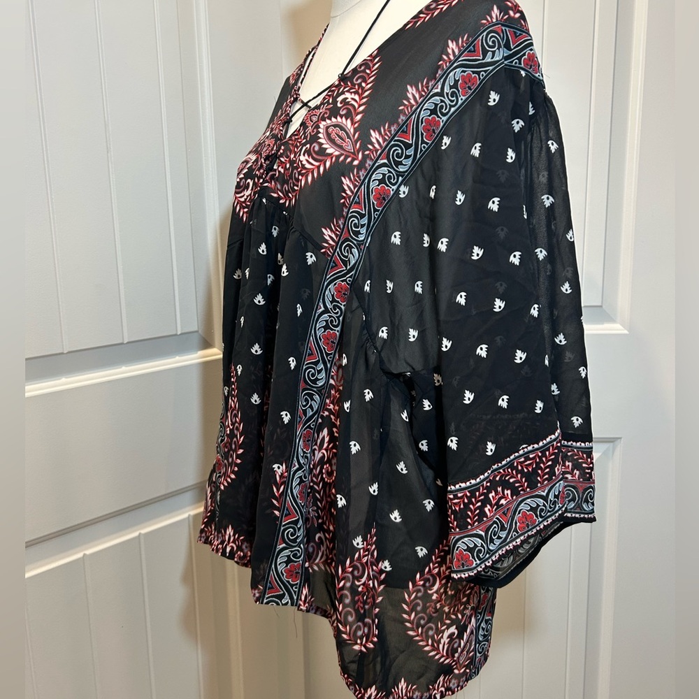 Fever Boho Top Wide Width Sleeves Colorful Simple Pattern V-Neck Ties Size XL - Picture 5 of 12